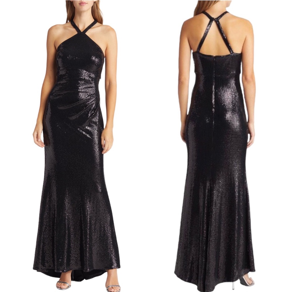 Vince Camuto Halter Neck Sequin Gown Glitter Sparkle Maxi Dress Black 8